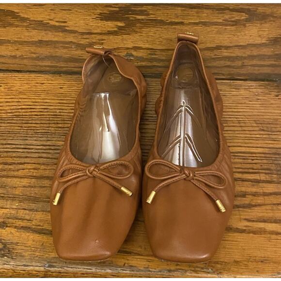Tory Burch Women's Rust Brown Bow Ballet Flats Square Toe Ruched Shoes 10.5 - Picture 2 of 12